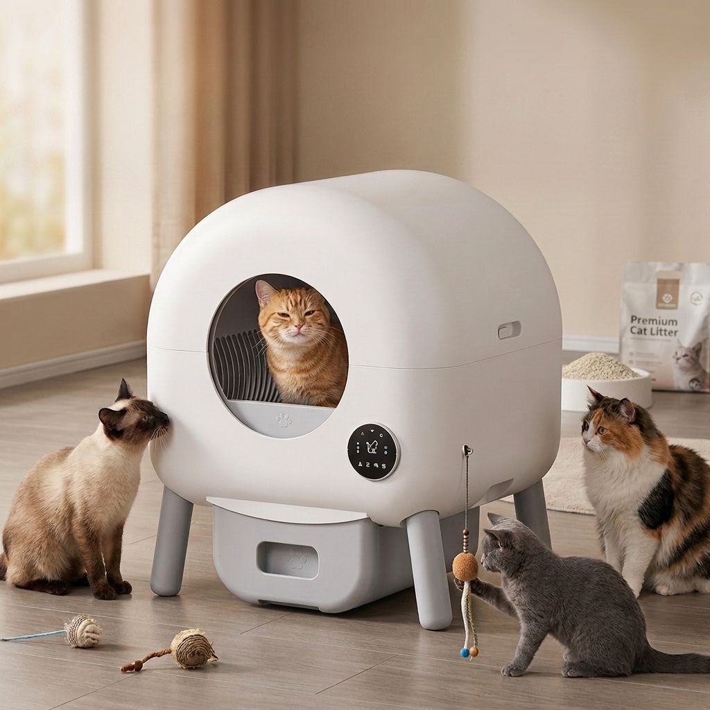 Automatic Deodorizing Self-Cleaning Extra Large Round Enclosed Smart Cat Litter Box with Odor Control for Multiple Cats